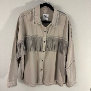 Zara Beige Fringe Button-Up jacket-shirt
